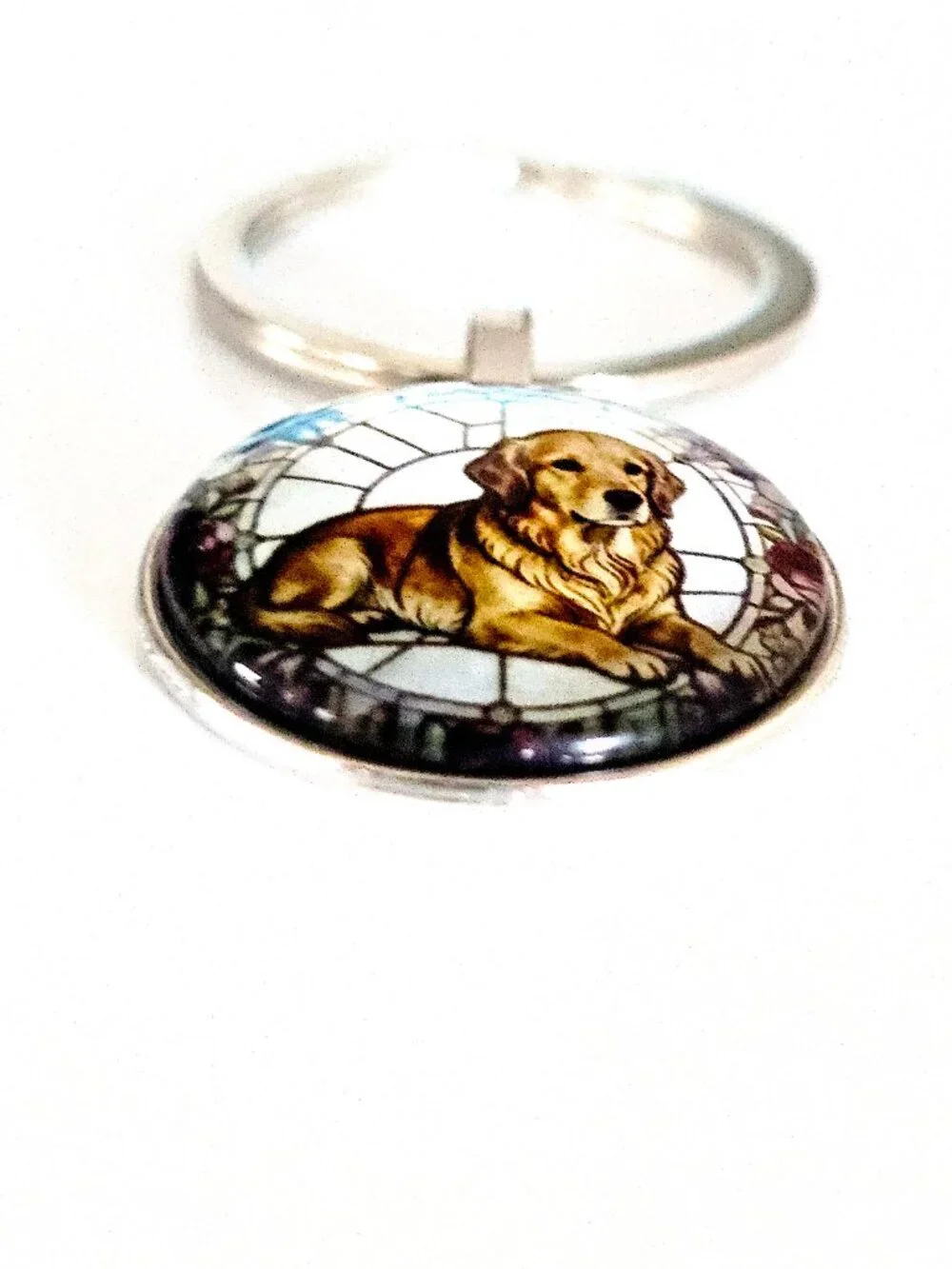 Golden Retriever Keychain Round Glass Cabochon Dog Lover Gift Silver Tone Charm